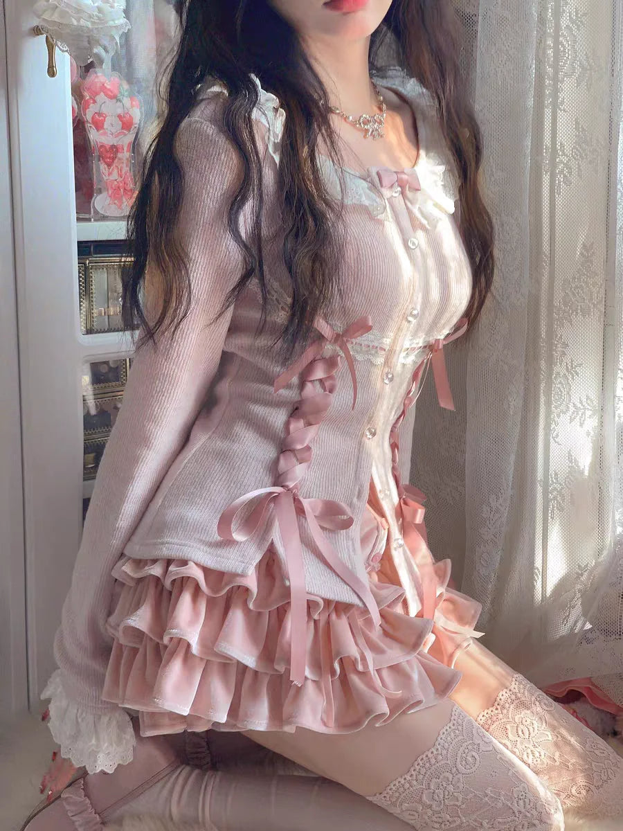 Women's Soft Sweater Cardigan 2024 New Autumn Bow Pearl Single Breasted Oneck Sweater Sweet Coat