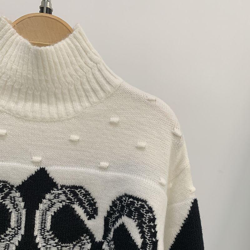 Black And White Letters Contrast Color Pullover Turtleneck High-end Custom Women's SweaterPD052023122805