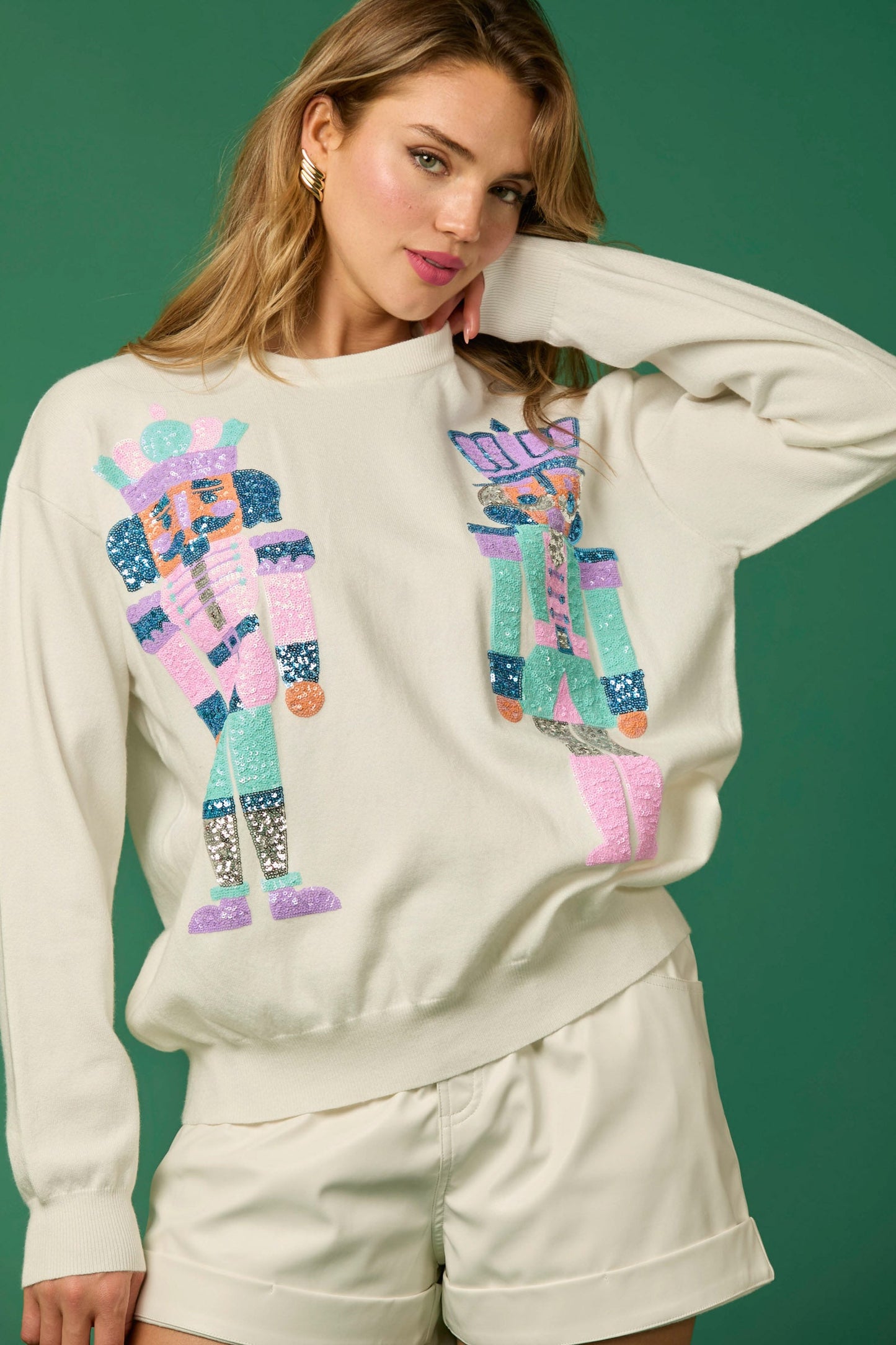 Autumn Winter Women Clothing Christmas Soldier Sequined Sweatshirt Casual Top Women