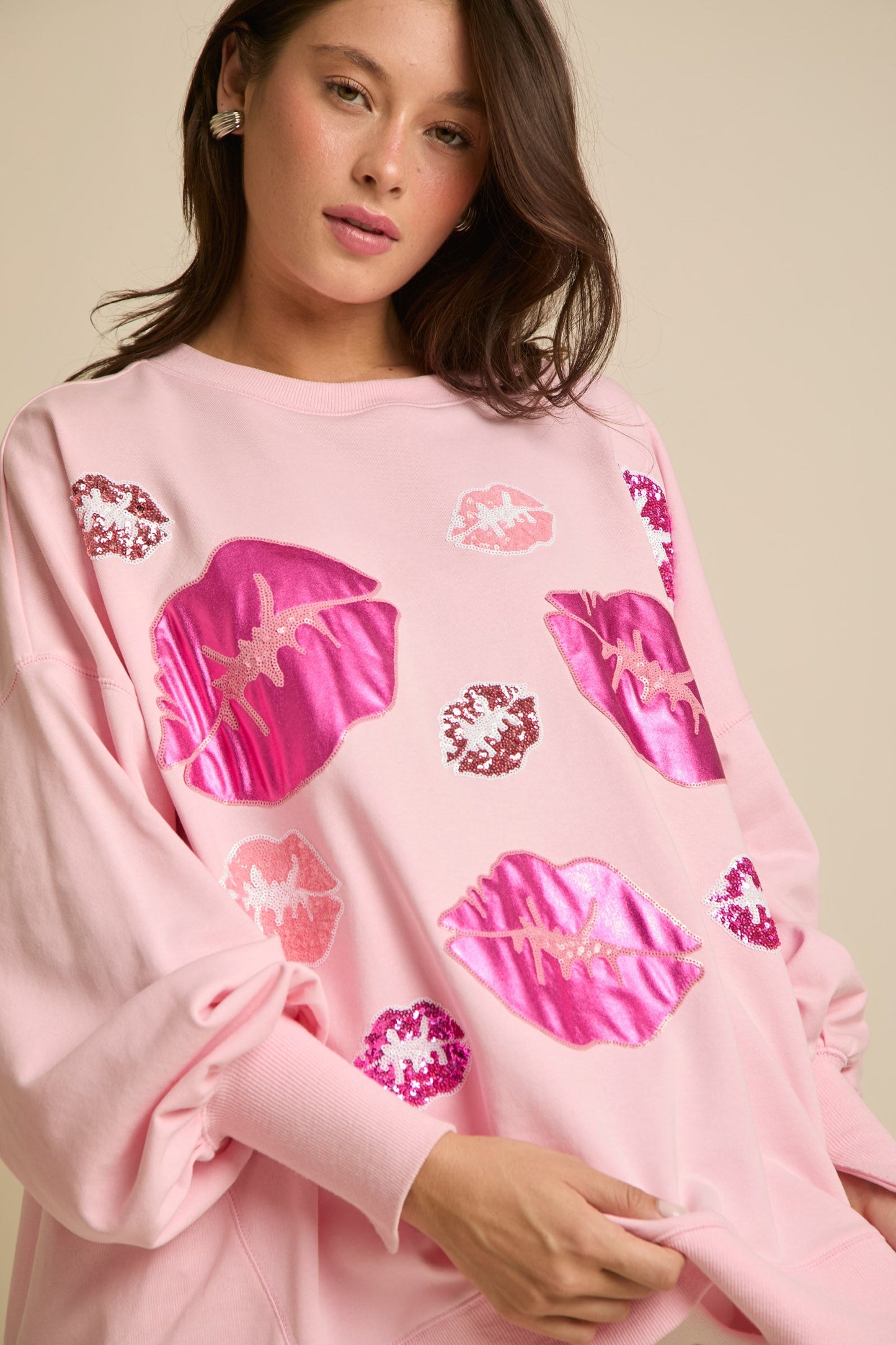 Autumn Winter Women Clothing Valentine Day Sequined Kiss Top Sweet Sweatshirt Women