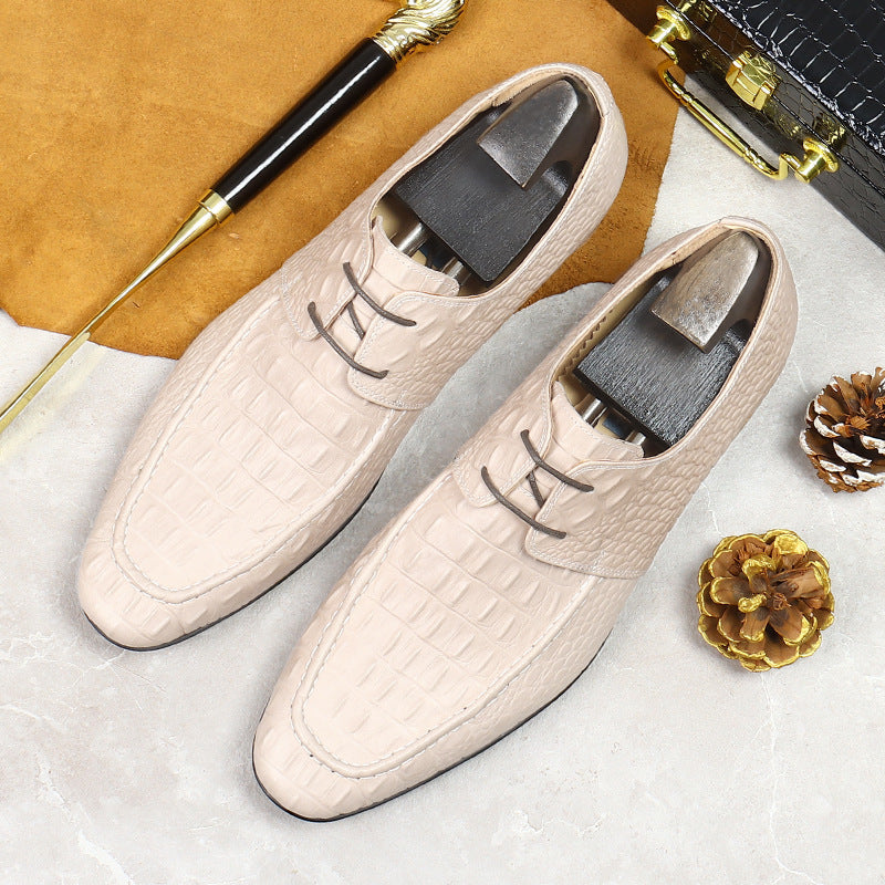 Men's Beige White Leather Crocodile Business Lace Up Casual Trendy Dress Shoes