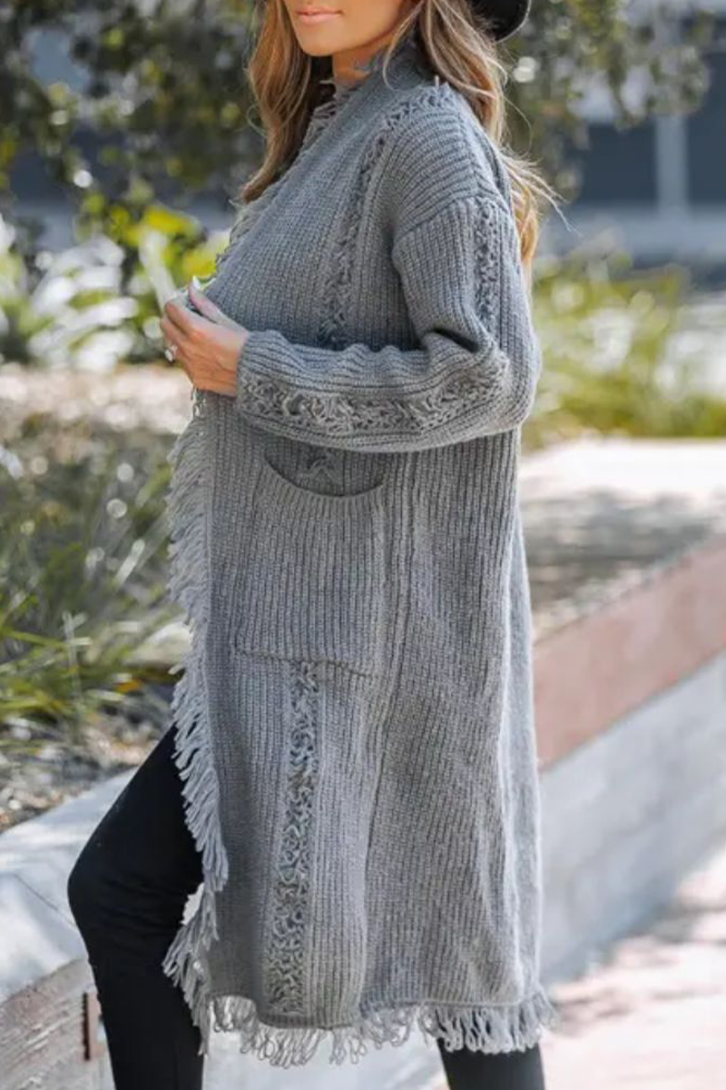 Casual Fringed Trim Weave Cardigan Collar Outerwear