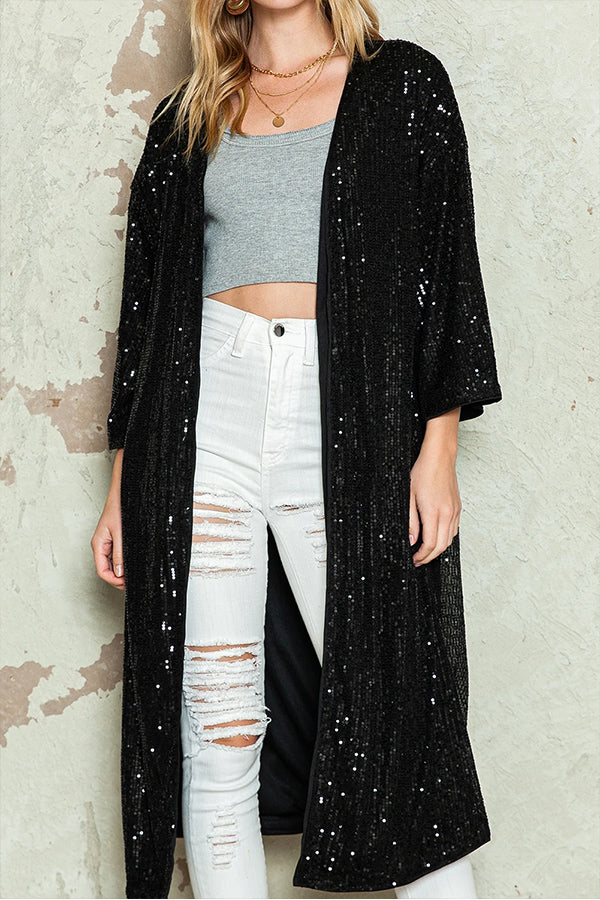 Apricot Sequin 3\/4 Sleeve Open Front Duster Cardigan