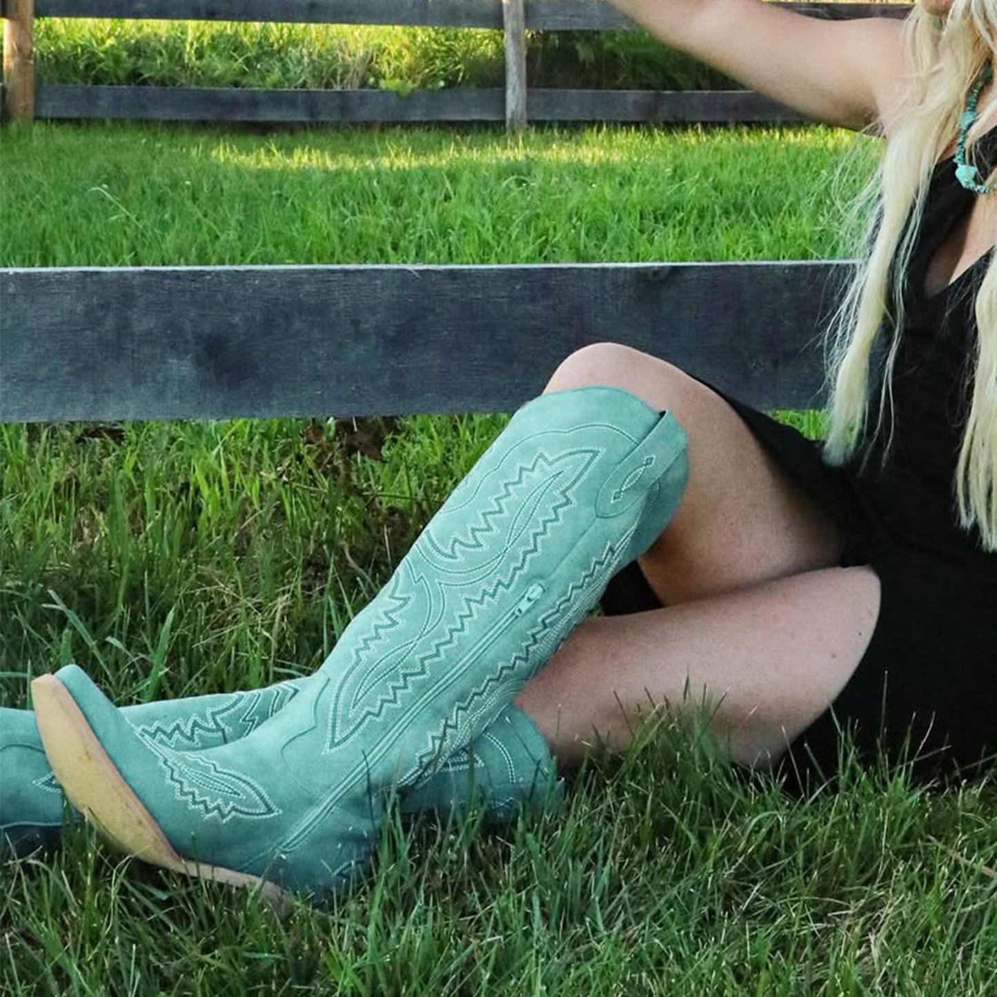 The Josie – Sage Green Tall Western Boots with White Embroidery