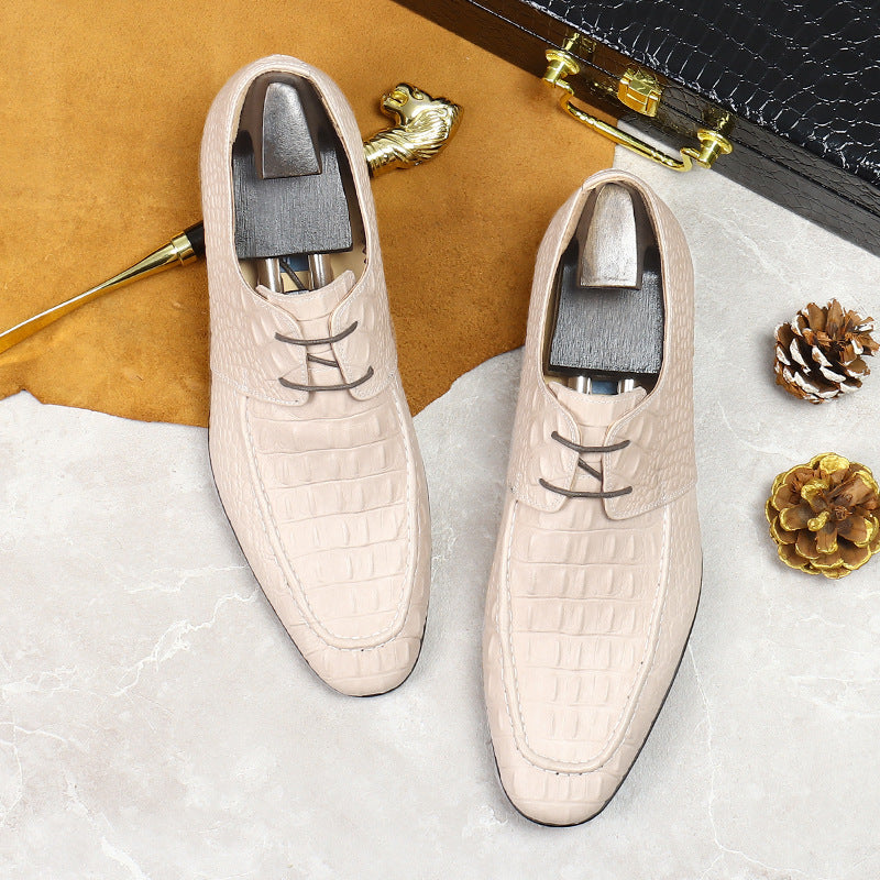 Men's Beige White Leather Crocodile Business Lace Up Casual Trendy Dress Shoes