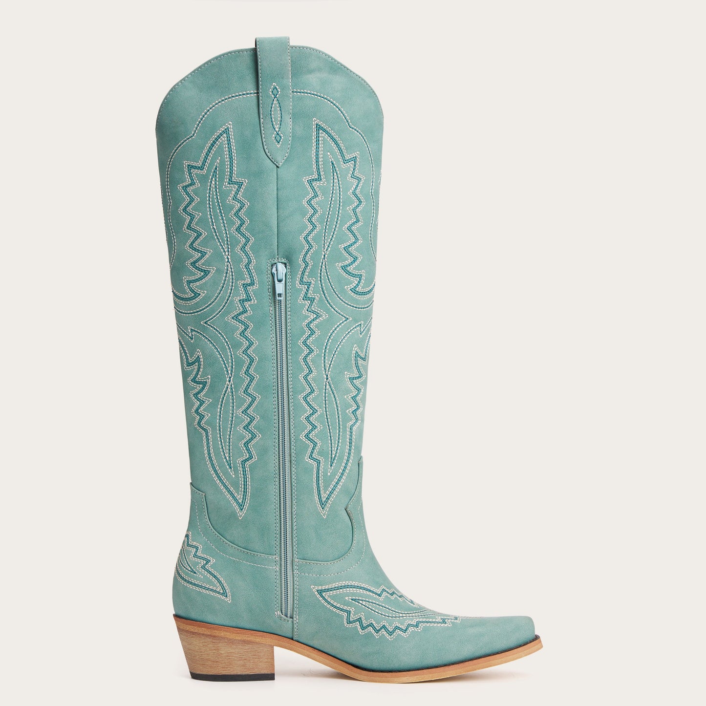 The Josie – Sage Green Tall Western Boots with White Embroidery