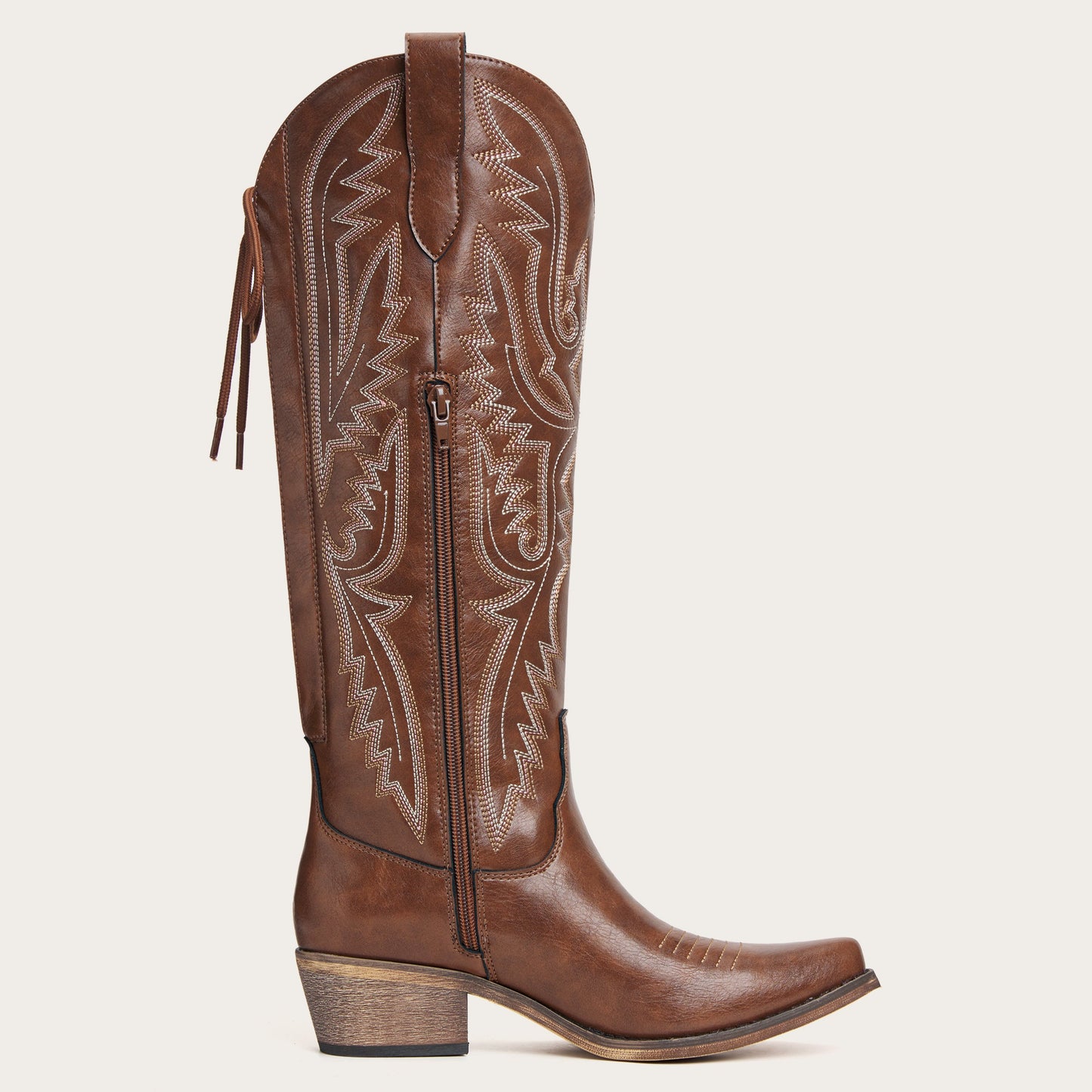 The Withersteen – Brown Tall Cowgirl Boots with Bold Embroidery and Lace-Up Back