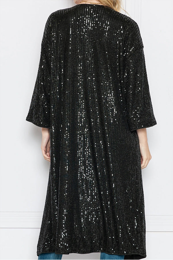 Apricot Sequin 3\/4 Sleeve Open Front Duster Cardigan