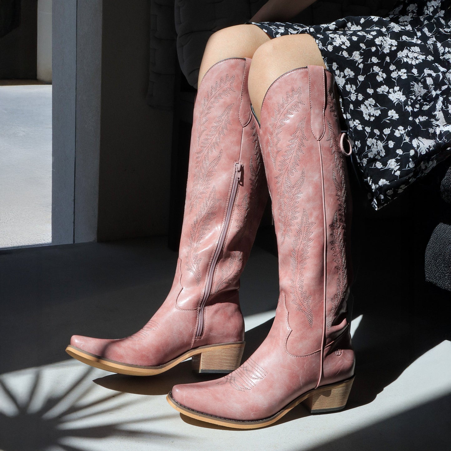 The Cattle – Dusty Rose Tall Western Boots with Tonal Embroidery