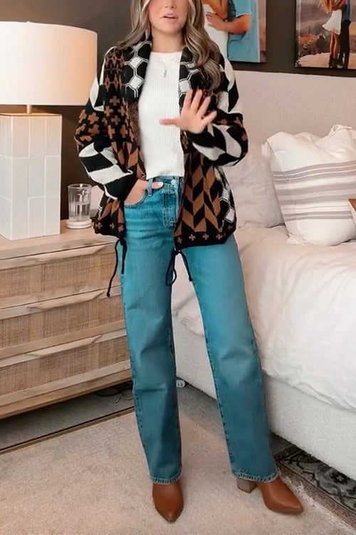 Button Down Drawstring Hem Geometric Pattern Sweater Cardigan