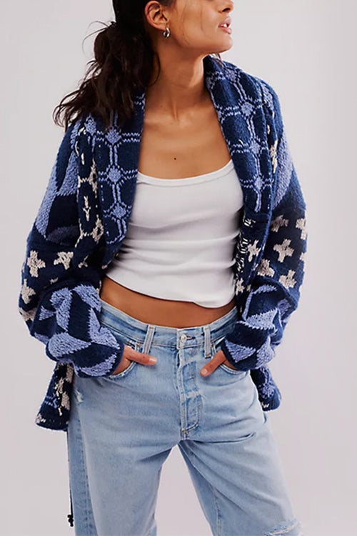 Button Down Drawstring Hem Geometric Pattern Sweater Cardigan