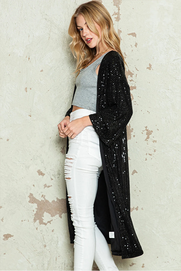 Apricot Sequin 3\/4 Sleeve Open Front Duster Cardigan
