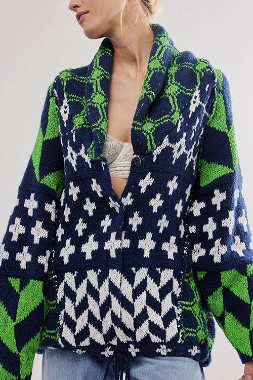 Button Down Drawstring Hem Geometric Pattern Sweater Cardigan