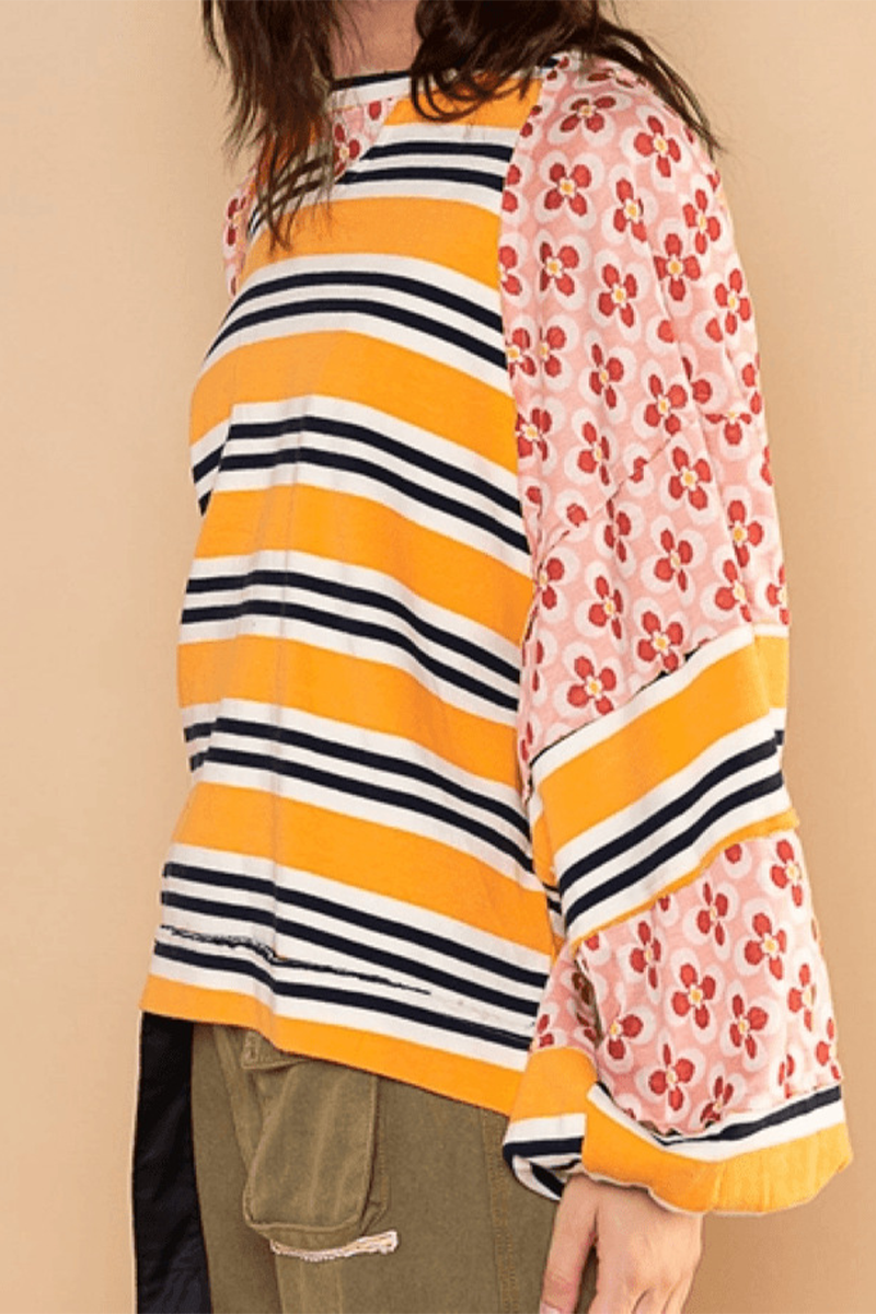 Casual Striped Print Flowers Contrast O Neck Hoodies