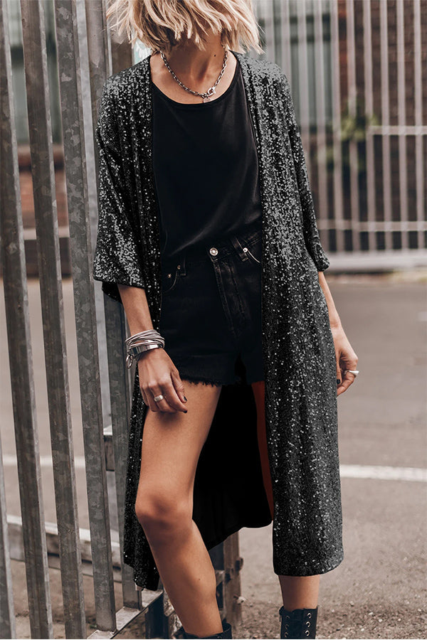 Apricot Sequin 3\/4 Sleeve Open Front Duster Cardigan