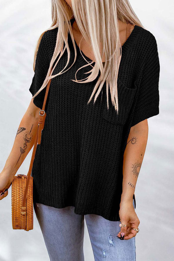 Casual V-neck Solid Color Knitted T-shirt