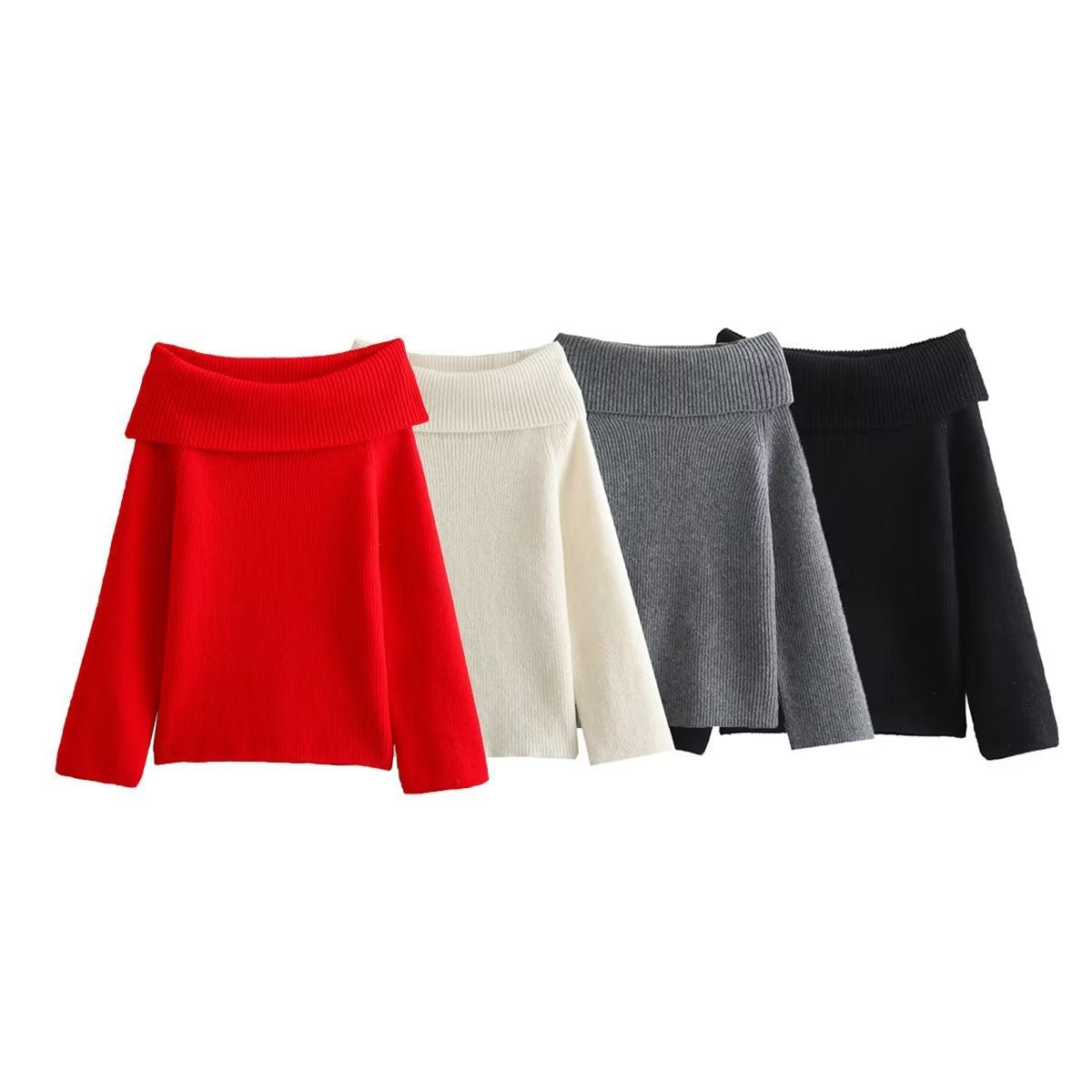 Women Off Shoulder Cropped Knitted Pullover Fashion Slash Neck Long Sleeve Female Sweater Elegant Autumn Lady Loose Jumpers Knit