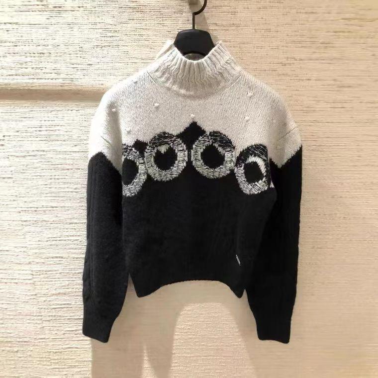Black And White Letters Contrast Color Pullover Turtleneck High-end Custom Women's SweaterPD052023122805