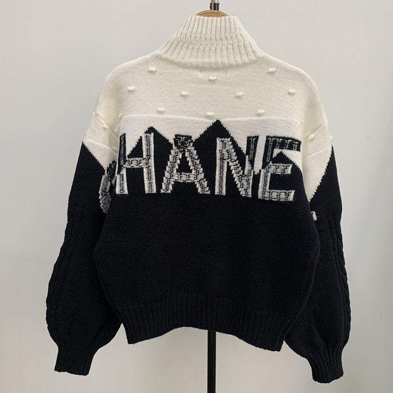 Black And White Letters Contrast Color Pullover Turtleneck High-end Custom Women's SweaterPD052023122805