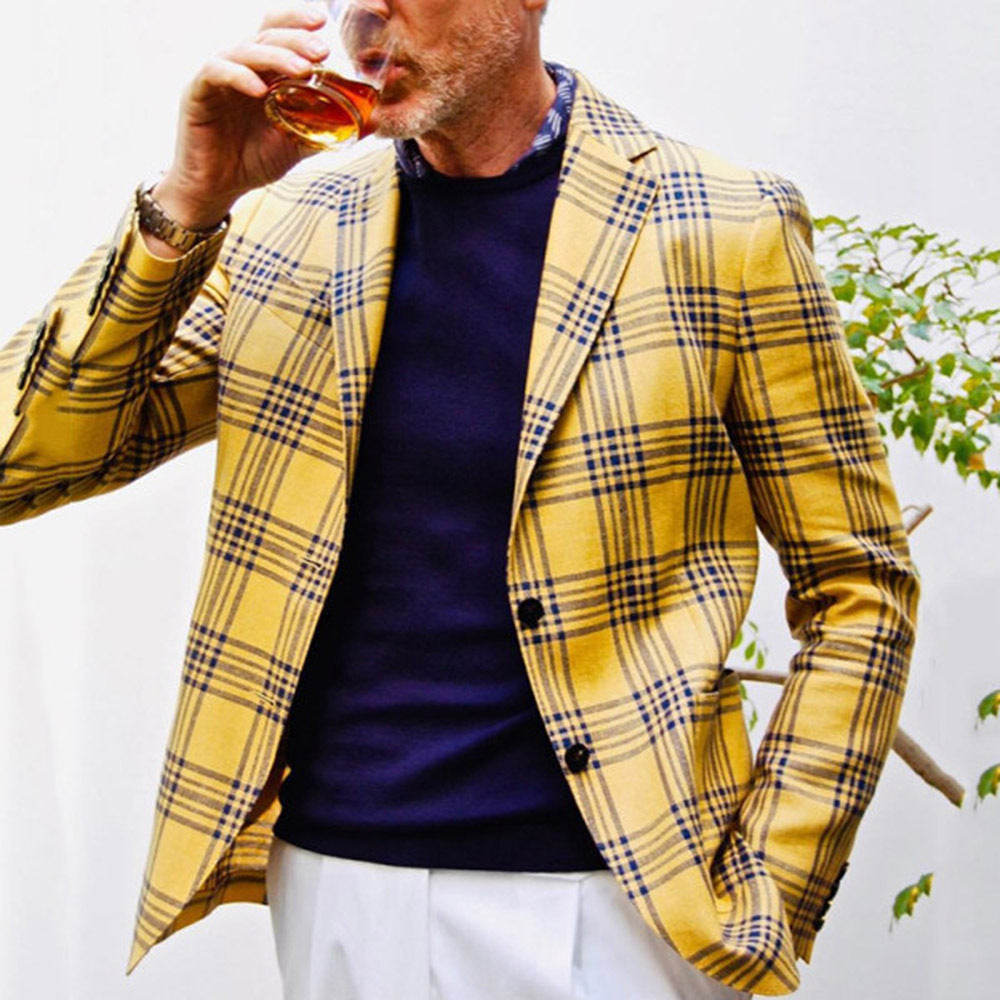Slim Fit Plaid Lapel Long Sleeve Men Blazer