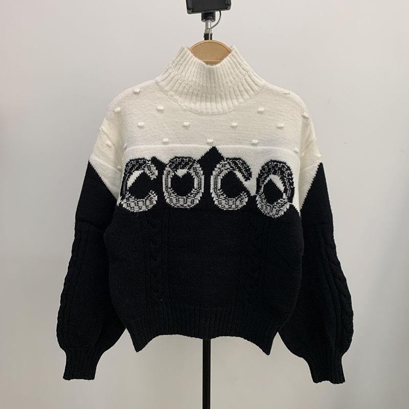 Black And White Letters Contrast Color Pullover Turtleneck High-end Custom Women's SweaterPD052023122805