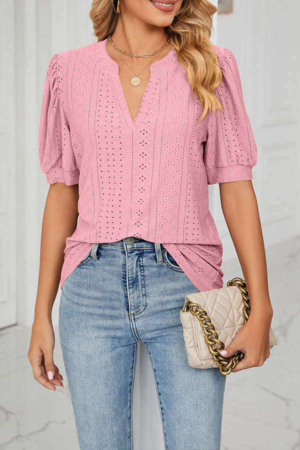 Casual v-neck solid color hollow puff sleeve loose t-shirt top women