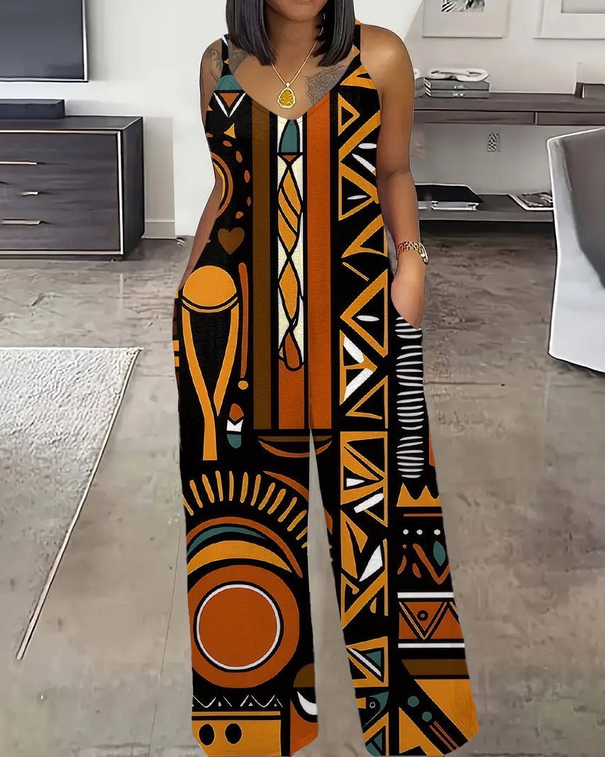 Tribal Geometric Print Spaghetti Strap Casual Jumpsuit