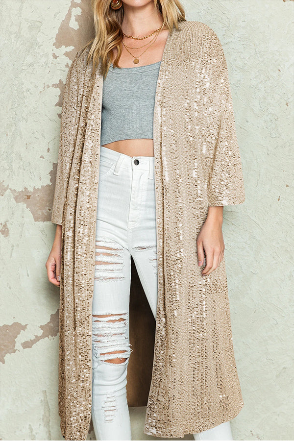 Apricot Sequin 3\/4 Sleeve Open Front Duster Cardigan
