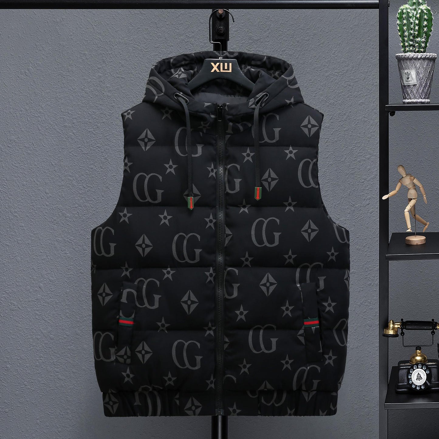Thickened Thermal Printed Hooded Vest 0823120103