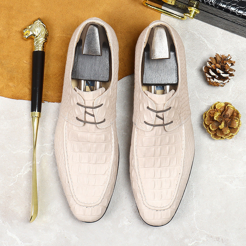 Men's Beige White Leather Crocodile Business Lace Up Casual Trendy Dress Shoes