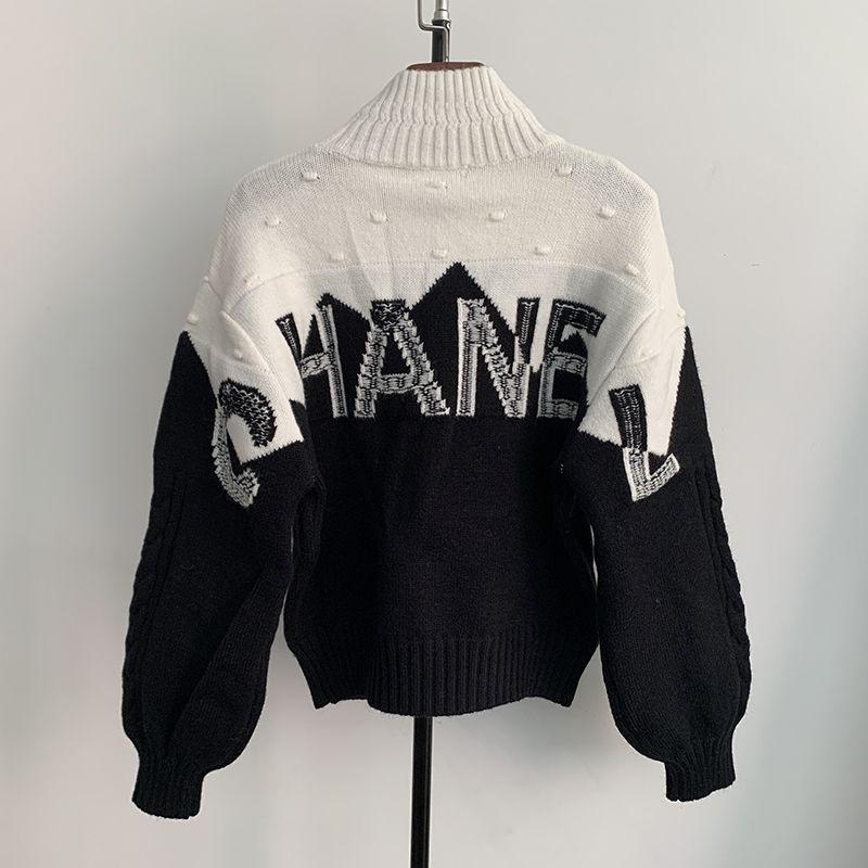 Black And White Letters Contrast Color Pullover Turtleneck High-end Custom Women's SweaterPD052023122805