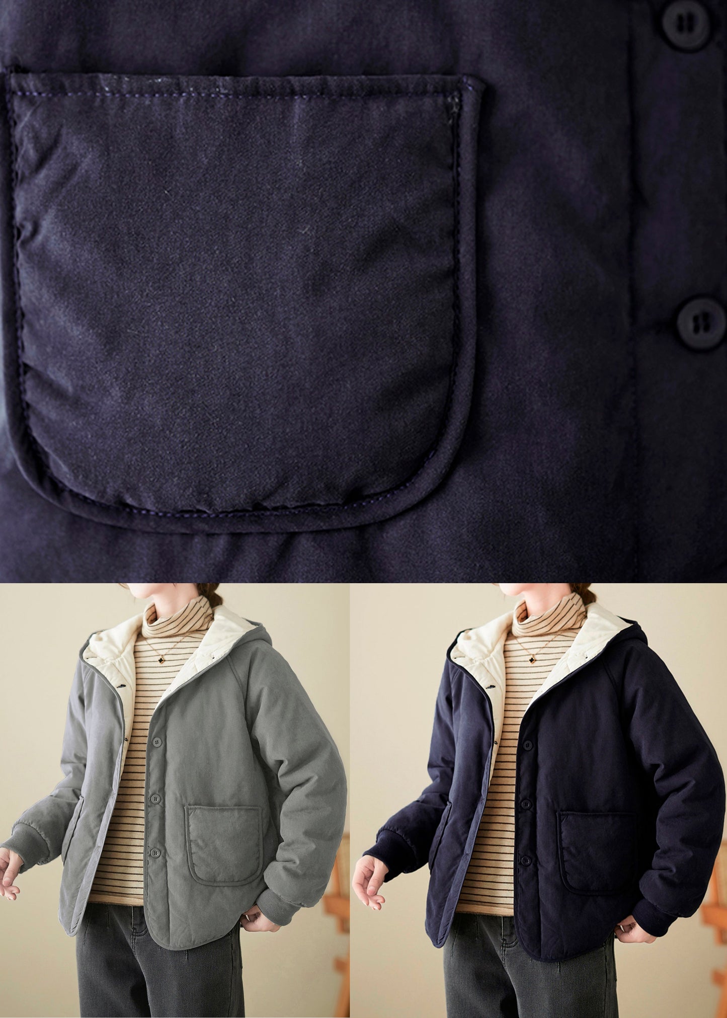 Boutique Grey Pockets Fine Cotton Filled Hoodies Outwear Spring TI007