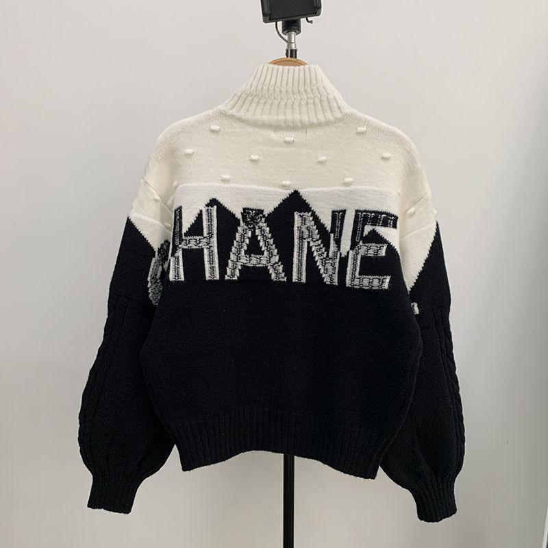 Black And White Letters Contrast Color Pullover Turtleneck High-end Custom Women's SweaterPD052023122805