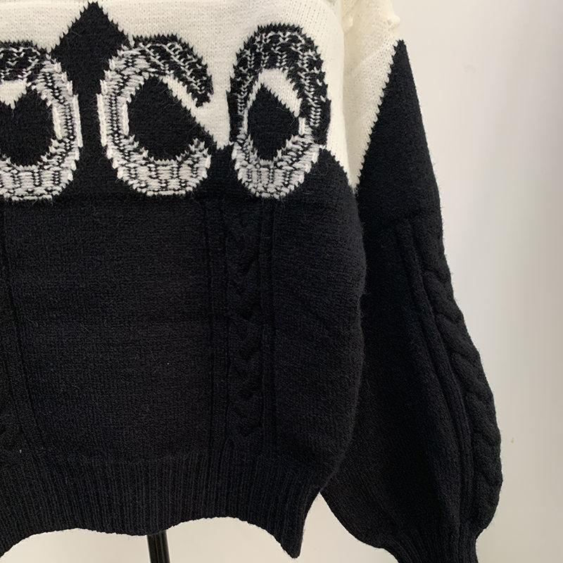 Black And White Letters Contrast Color Pullover Turtleneck High-end Custom Women's SweaterPD052023122805