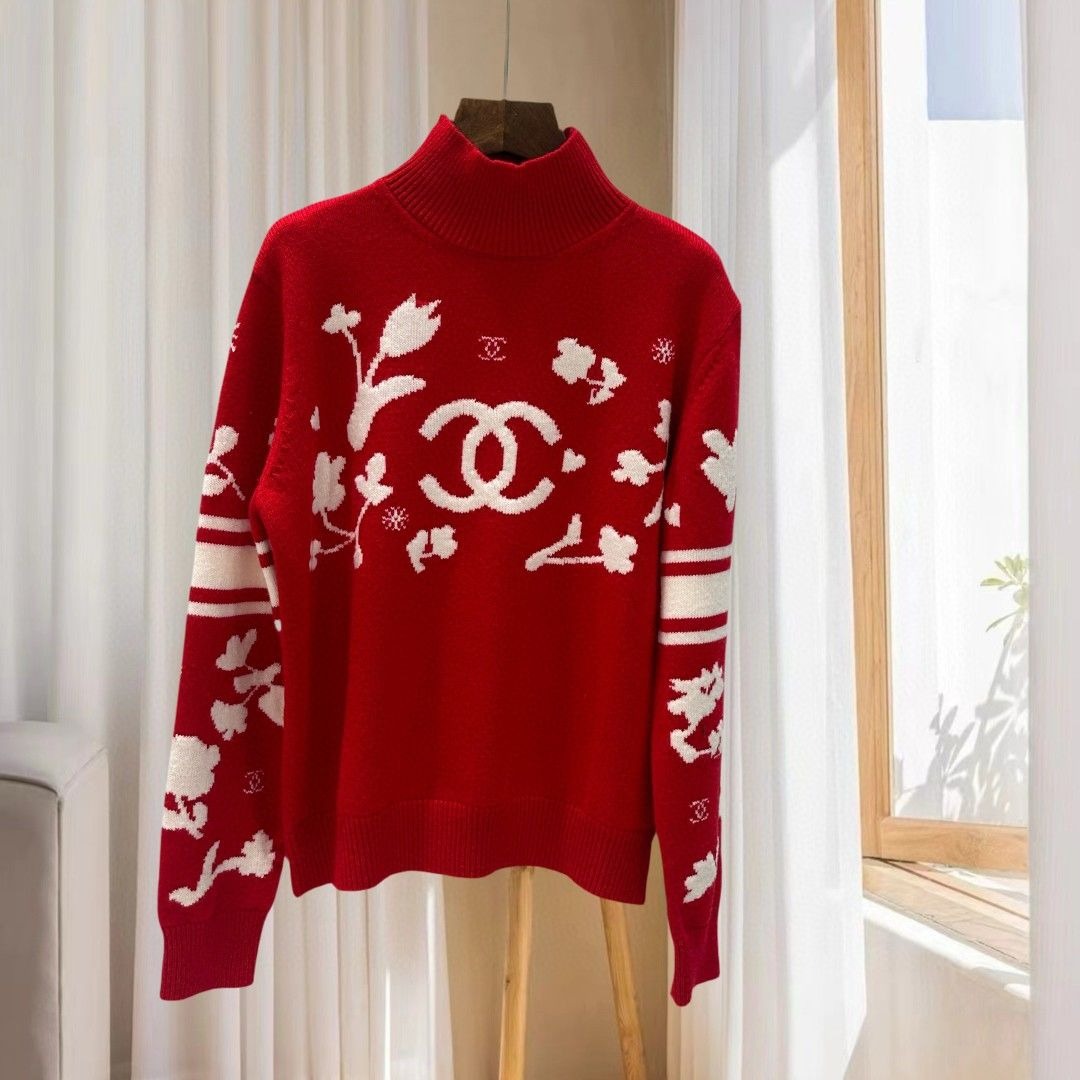 Bew Red and Beige C Logo Women's SweatersPD052024121101
