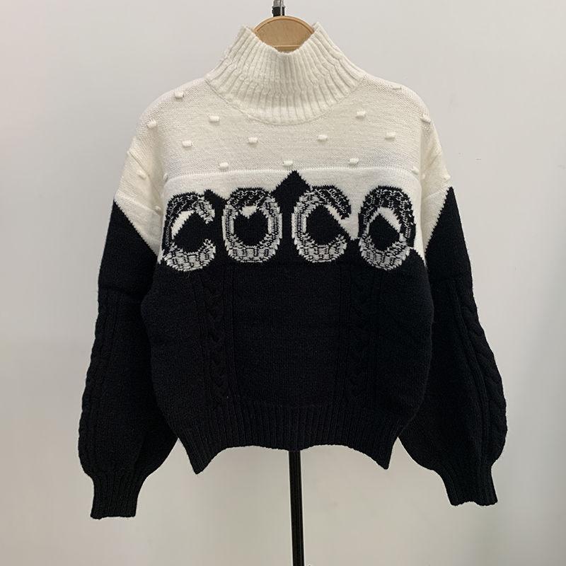 Black And White Letters Contrast Color Pullover Turtleneck High-end Custom Women's SweaterPD052023122805