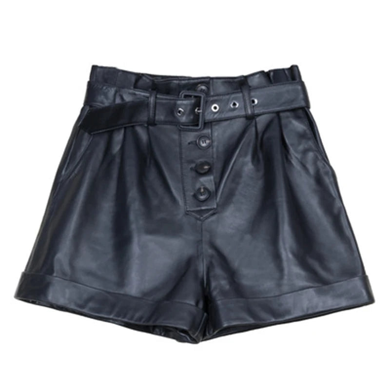 Women Spring And Autumn New Cotton Sheepskin High Waist Slim Belt Ruffled Genuine Leather Wide Leg Pants Outside Wearing Shorts