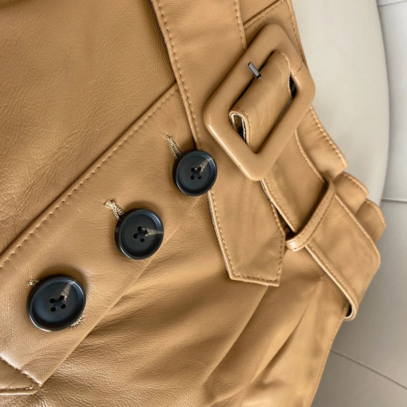 Women Spring And Autumn New Cotton Sheepskin High Waist Slim Belt Ruffled Genuine Leather Wide Leg Pants Outside Wearing Shorts