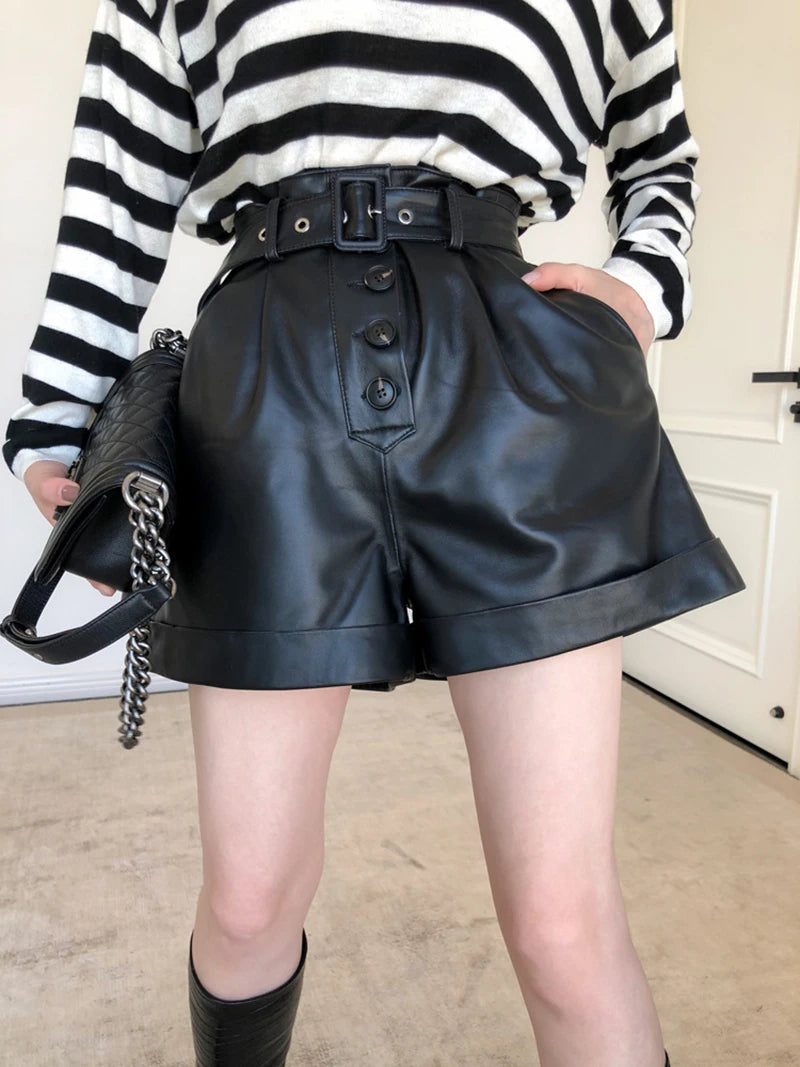 Women Spring And Autumn New Cotton Sheepskin High Waist Slim Belt Ruffled Genuine Leather Wide Leg Pants Outside Wearing Shorts