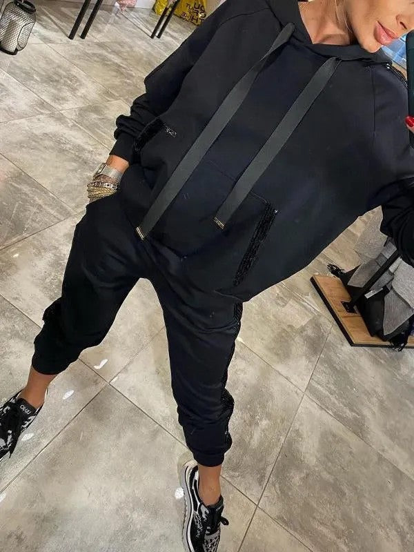 Casual Sequin Pocket Sports Hooded Sweatshirt Sweatpants Suit
