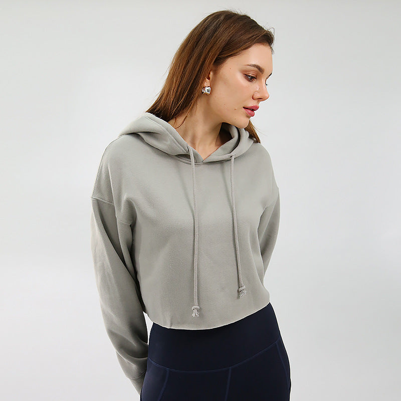 Women Sports Sweatshirt Autumn Winter Fleece-Lined Pullover Hoodie Personalized Bare Cropped Long Sleeved Top