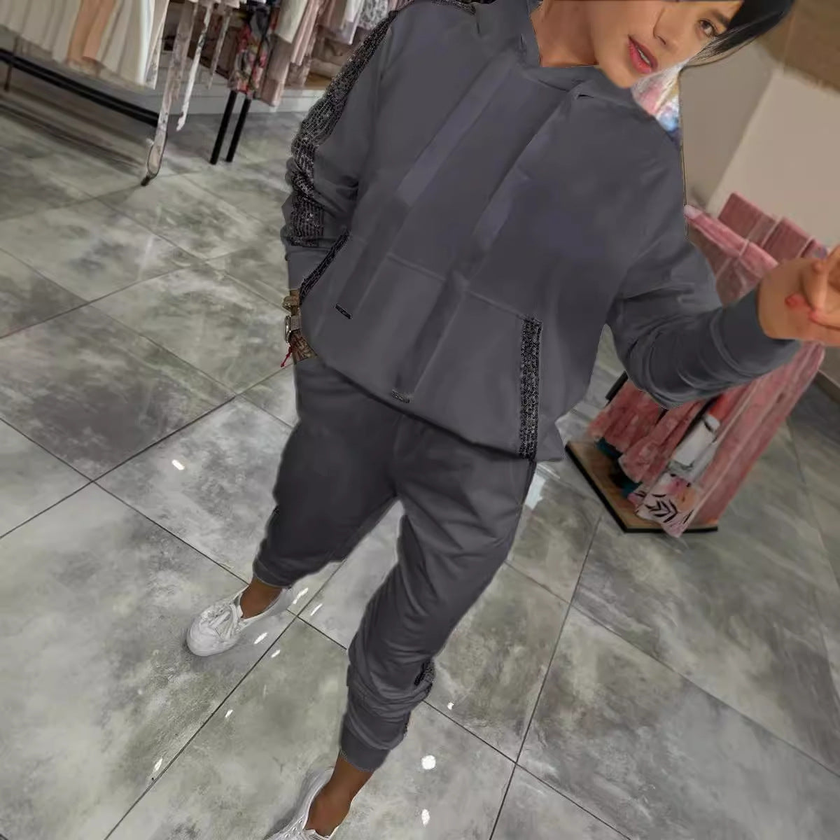 Casual Sequin Pocket Sports Hooded Sweatshirt Sweatpants Suit
