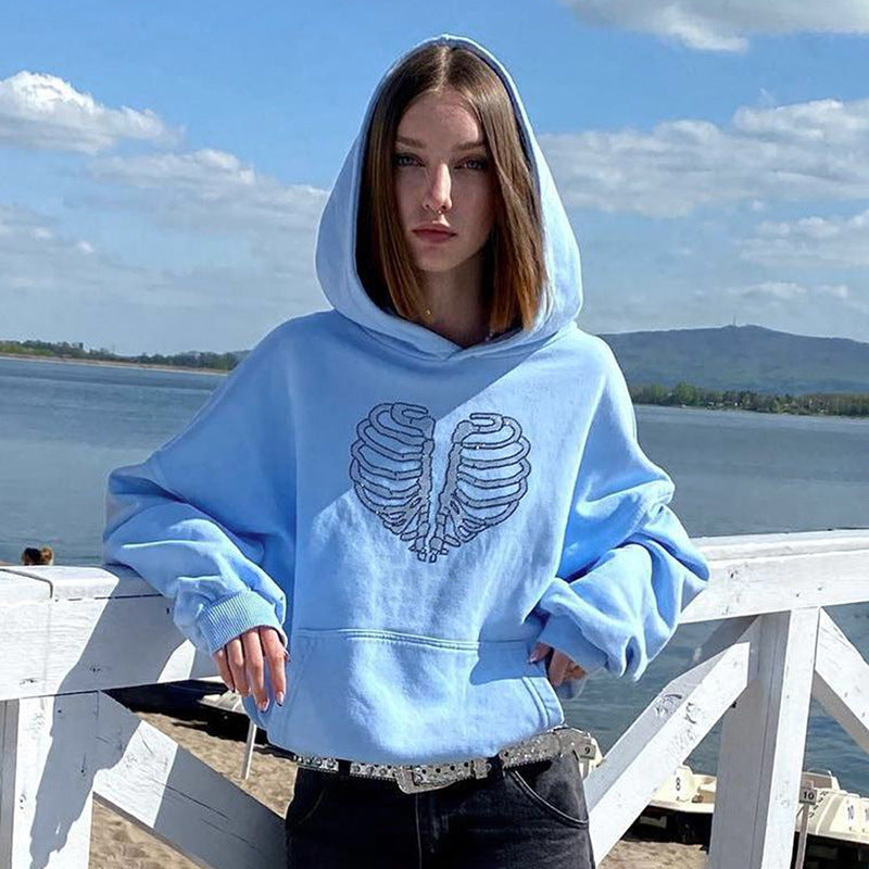 Trendy Skeleton Rhinestone Loose Hooded Sweatshirt Top Women Autumn Winter