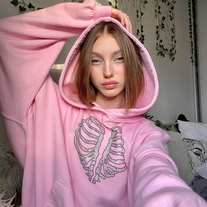 Trendy Skeleton Rhinestone Loose Hooded Sweatshirt Top Women Autumn Winter