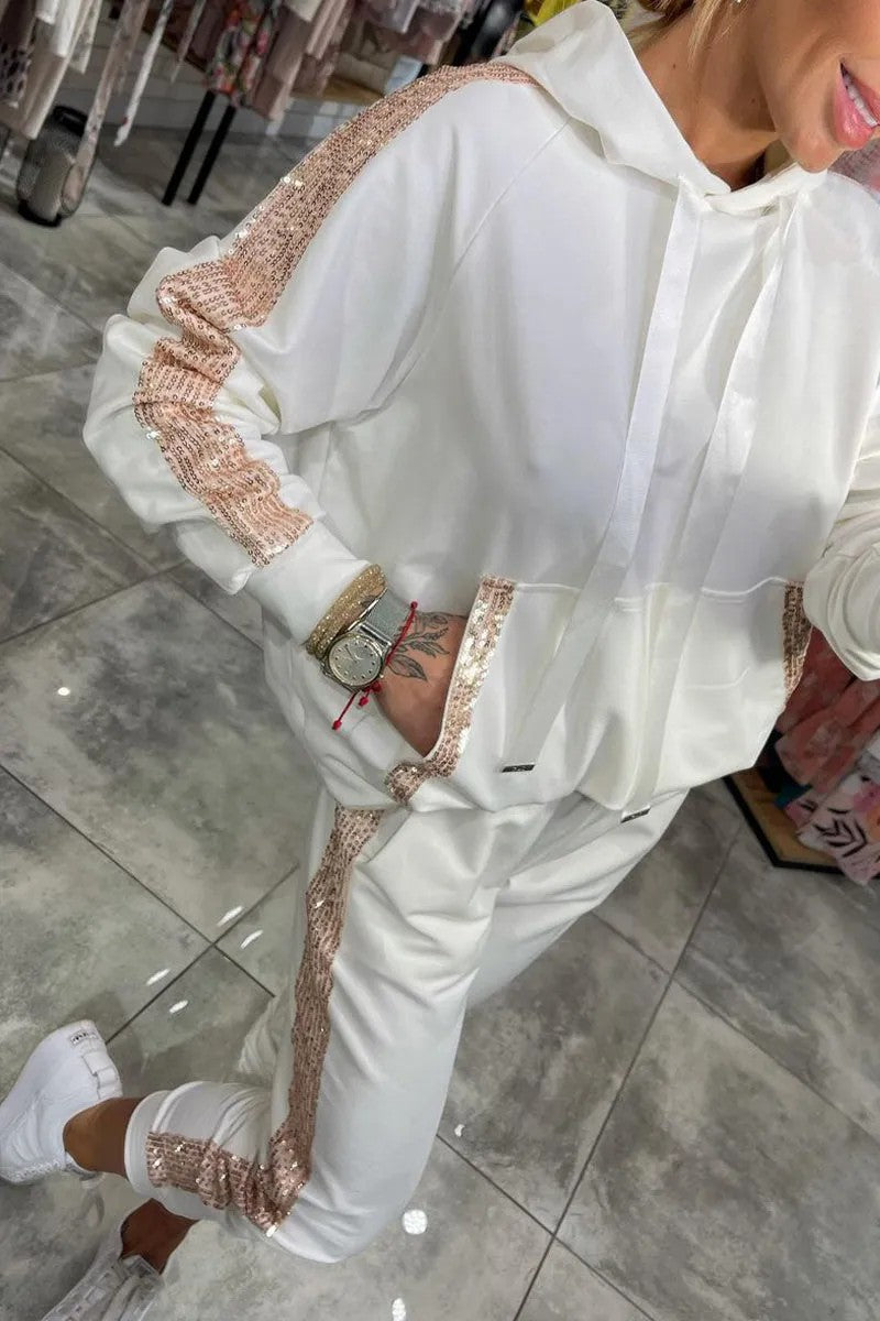 Casual Sequin Pocket Sports Hooded Sweatshirt Sweatpants Suit
