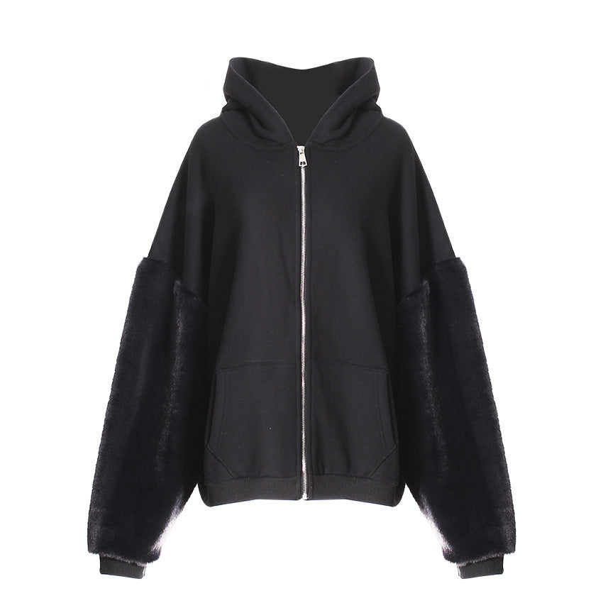 Winter Hooded Fleece lined Furry Sleeves Sweatshirt Women Idle Casual Loose Sleeve Length Cardigan Outerwear Top