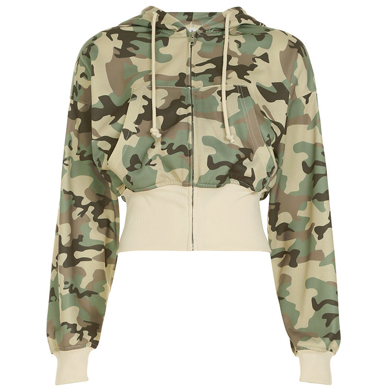 Casual Contrast Color Cinched Hoodie Long Sleeve Sweatshirt Sweatpants Two Piece Camouflage Cardigan Coat Trousers Sets