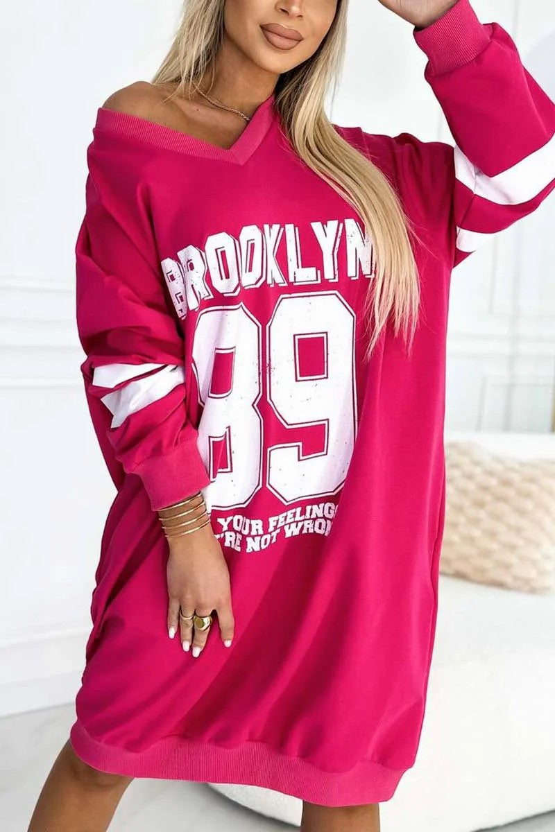 Autumn Winter Women Casual Sport Letters Printed Sweatshirt Dress