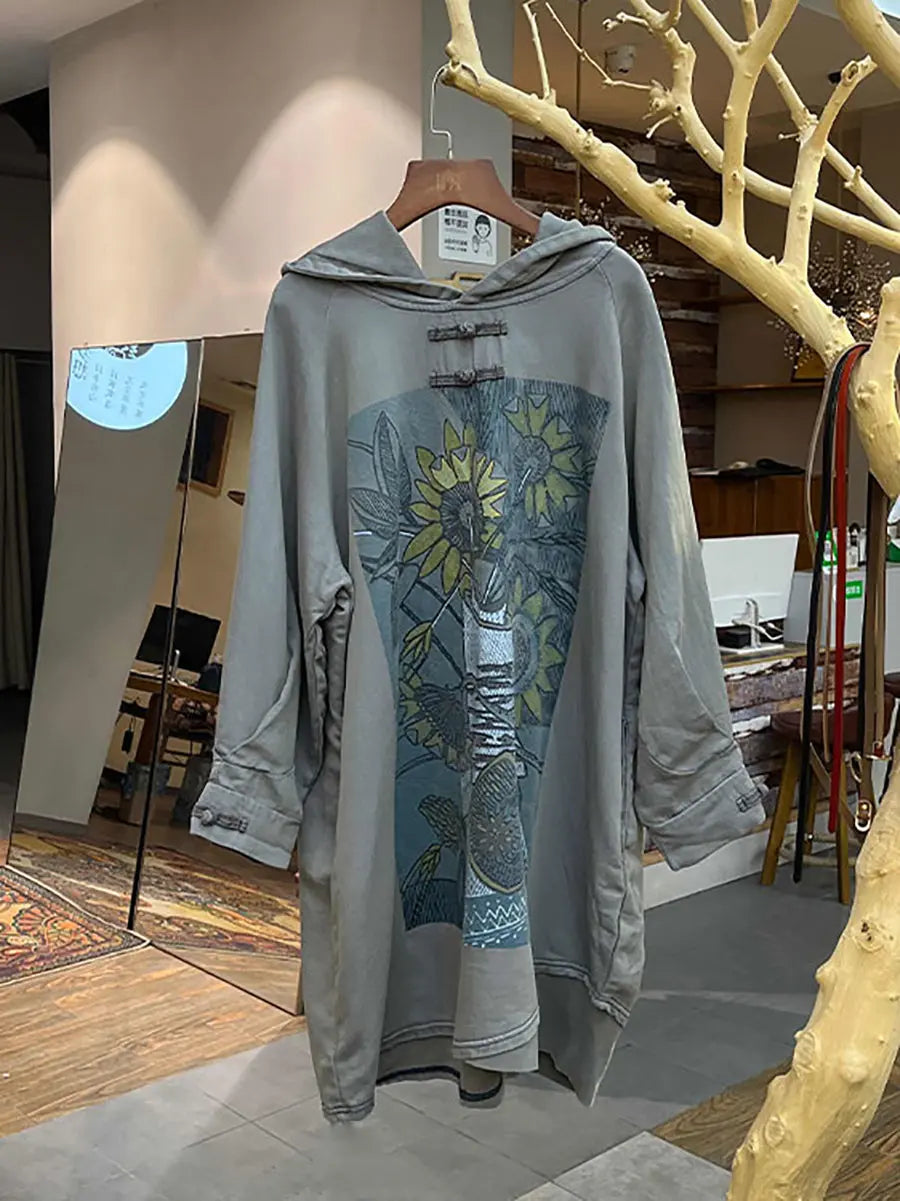 Women Flower Hooded Long Sweatshirt