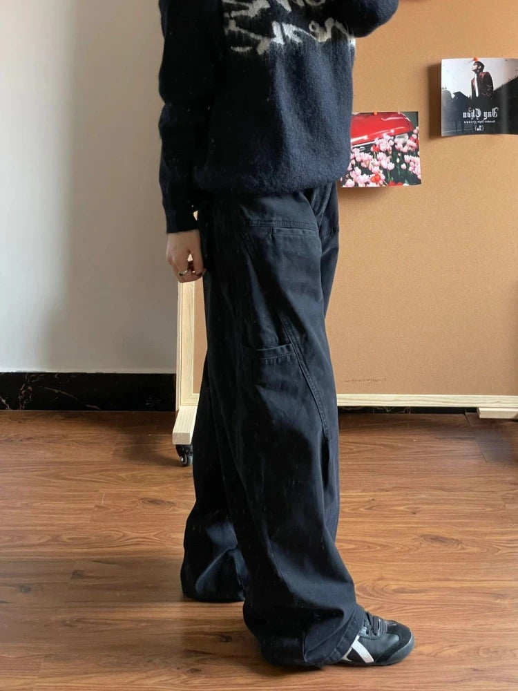 Boyfriend Jeans for Women Streetwear Baggy Vintage Balck Wide Leg Denim Trousers Harajuku Causal Straight Cowgirl Pants